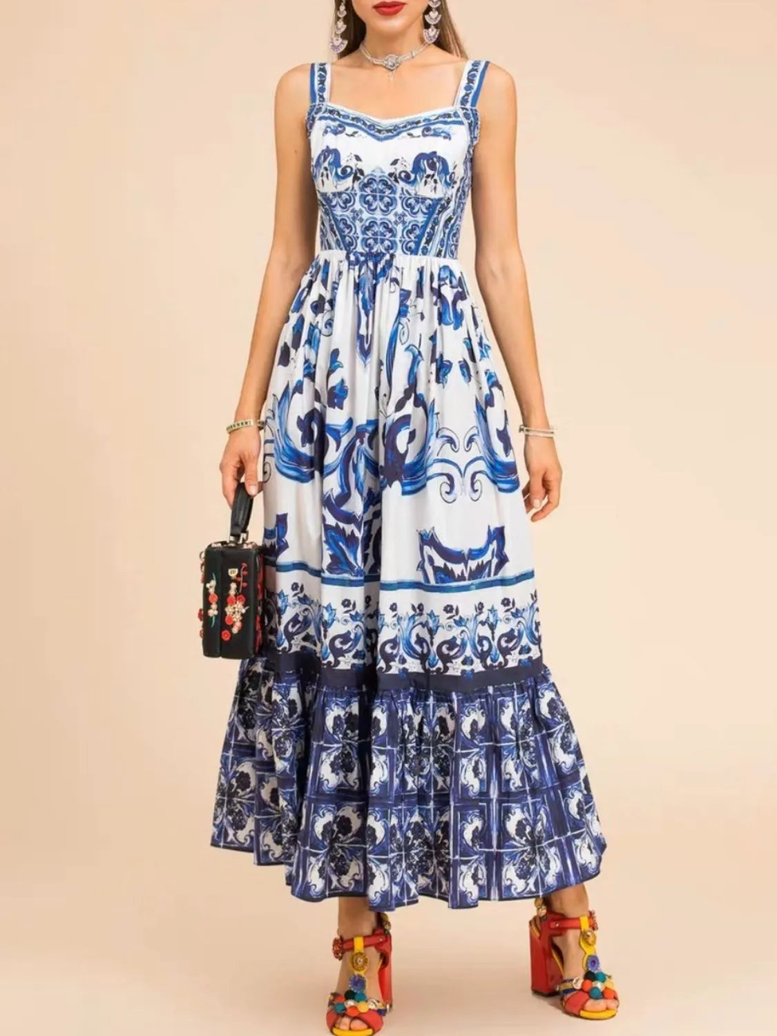 Smocked Printed Wide Strap Dress - -