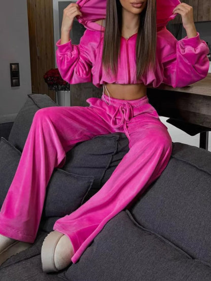 Zip Up Cropped Outerwear and Pants Set - -