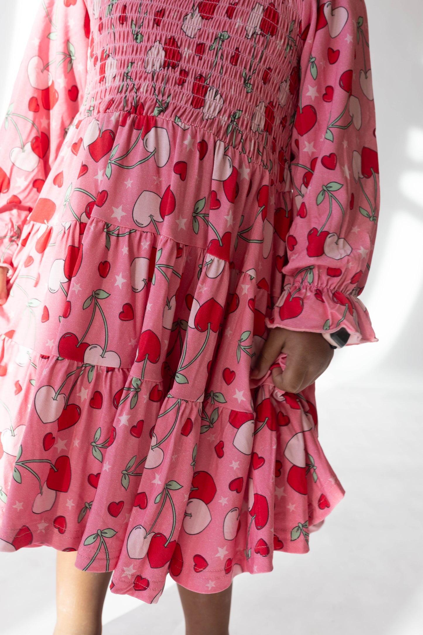 Cherry Hearts Long Sleeved Shirred Dress - - dress
