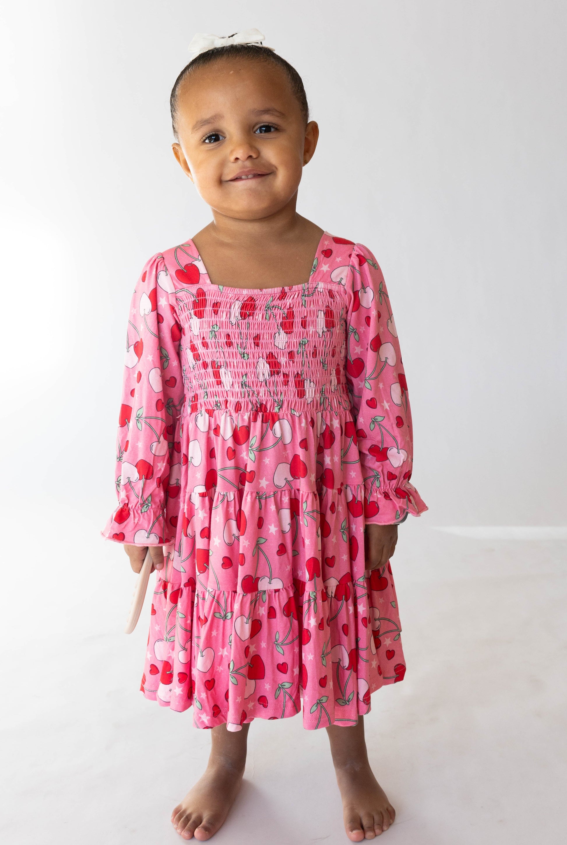 Cherry Hearts Long Sleeved Shirred Dress - - dress