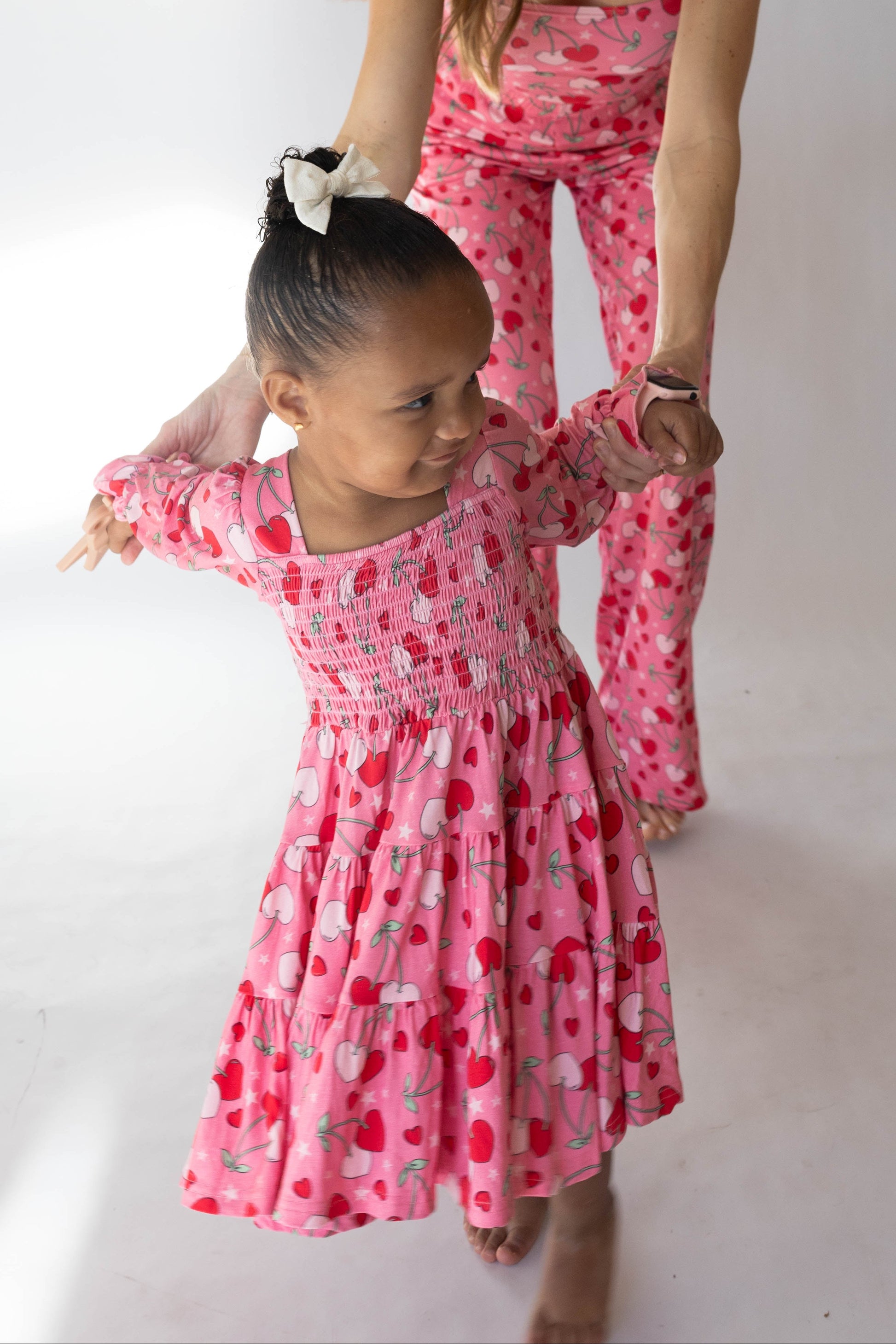 Cherry Hearts Long Sleeved Shirred Dress - - dress