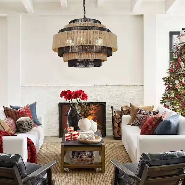 Open Box Prime Ray Luster Boho 24 in. 6-Light 7-Tier Hand Woven Rattan Pendant Chandelier Light with Large Shade and Black Finish - - Open Box Prime Ray Luster Boho 24 in. 6-Light 7-Tier Hand Woven Rattan Pendant Chandelier Light with Large Shade and Black Finish