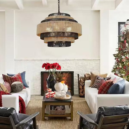 Open Box Prime Ray Luster Boho 24 in. 6-Light 7-Tier Hand Woven Rattan Pendant Chandelier Light with Large Shade and Black Finish - - Open Box Prime Ray Luster Boho 24 in. 6-Light 7-Tier Hand Woven Rattan Pendant Chandelier Light with Large Shade and Black Finish