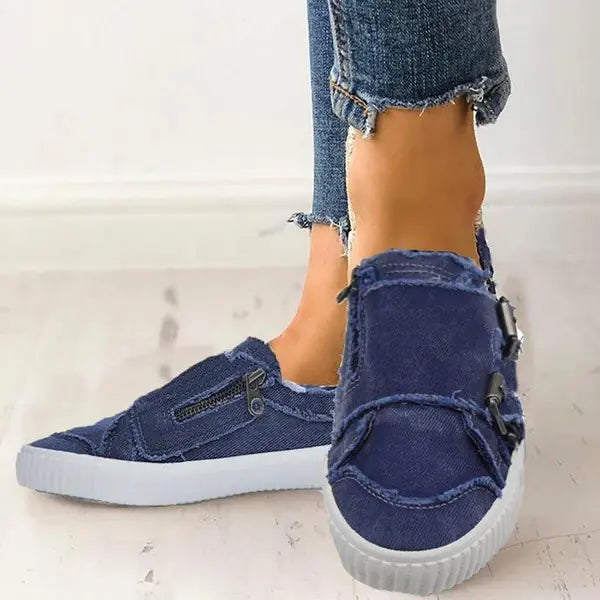 Metal Buckle Canvas Sneakers with Zipper - - Shoes
