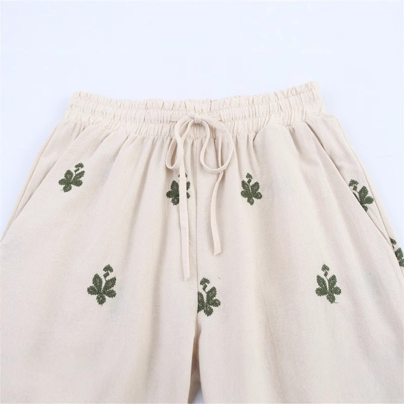 Elastic Waist Tied Embroidered Wide Leg Pants for WomenStyle Fashion Casual - -