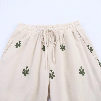 Elastic Waist Tied Embroidered Wide Leg Pants for WomenStyle Fashion Casual - -