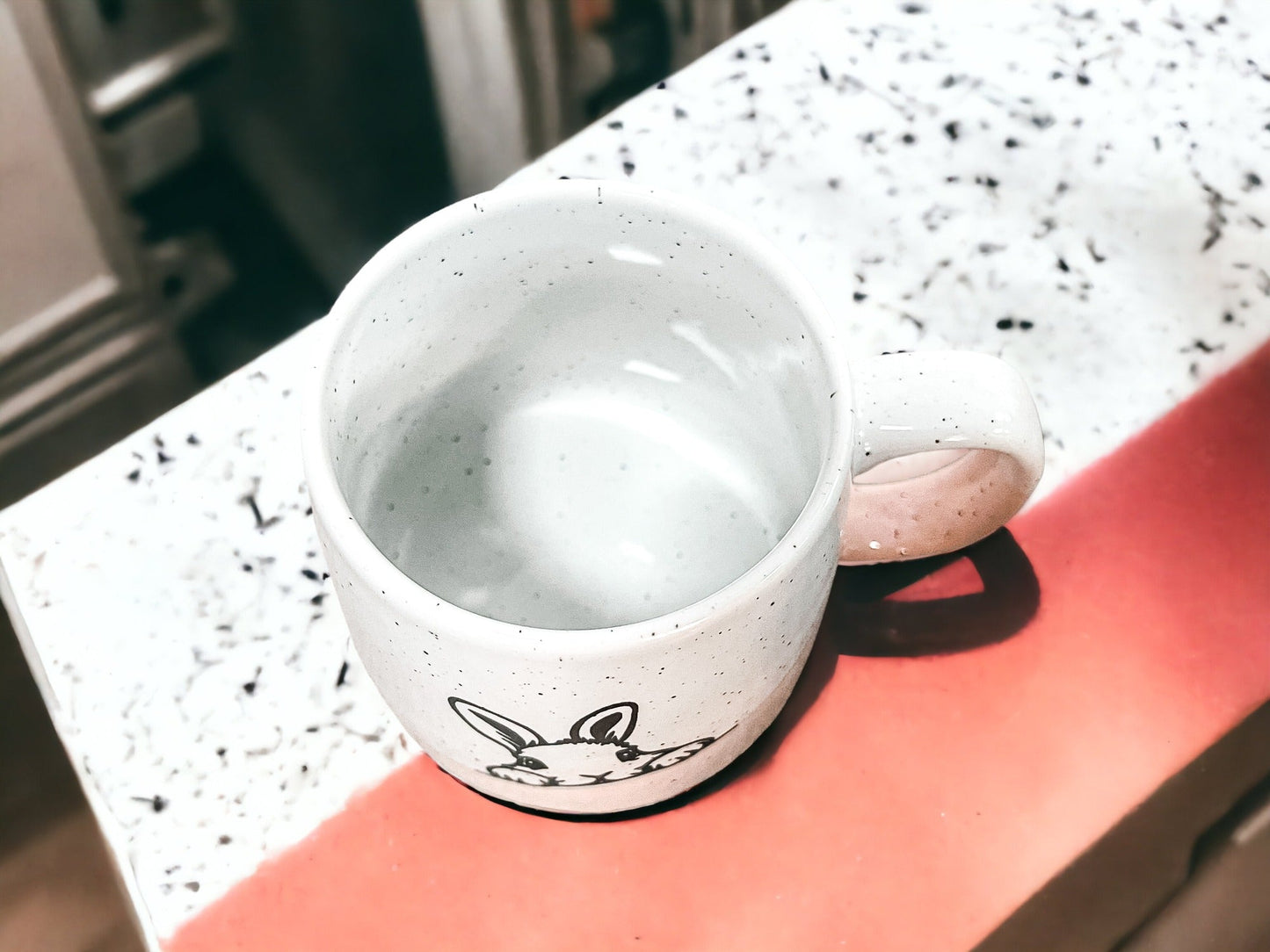 Farmhouse Ceramic Bunny Mug Hand-Painted Ivory With Pastel Pink Base, 12 Oz - - Mugs