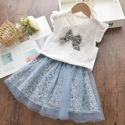 Girls Short Sleeve Polka Dot Skirt Set blue white 7