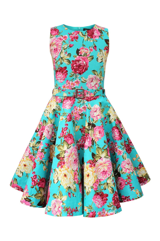 BlackButterfly Kids Turquoise Pink Floral Audrey Vintage Divinity 50s Girls Dress - Turquoise Pink Floral 7-8 Years - dress