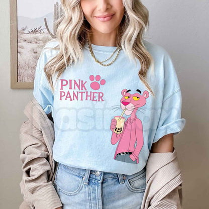 Pink Panther Bubble Tea Graphic T-Shirt – Cute Boba Cartoon Unisex Cotton Tee - - T-Shirt