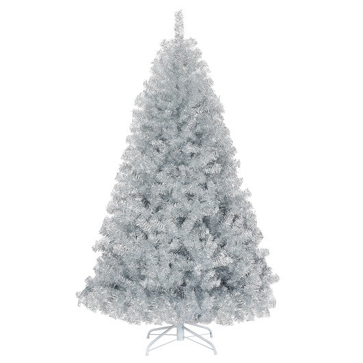 6 Feet Hinged Unlit Artificial Silver Tinsel Christmas Tree with Metal Stand - - Home & Garden
