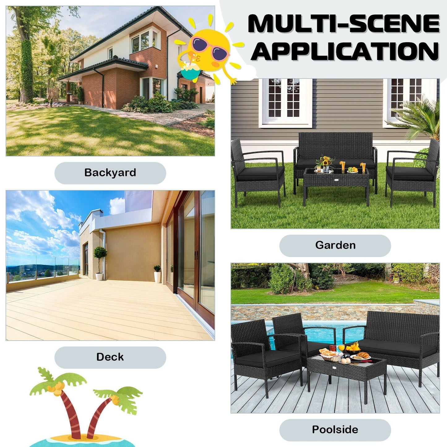 4 Pieces Patio Rattan Furniture Set with Cushion- DirectDeals- {{Product type}}