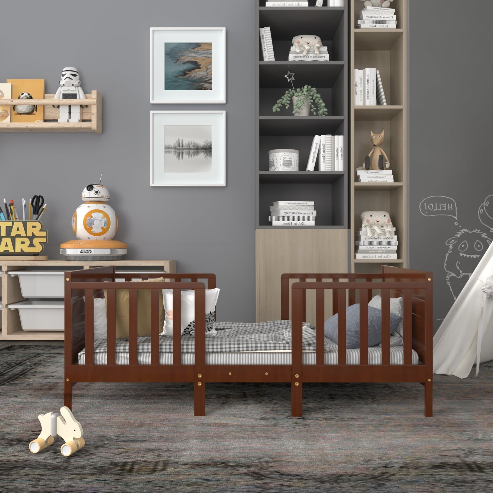 2-in-1 Convertible Kids Wooden Bedroom Furniture with Guardrails- DirectDeals- {{Product type}}