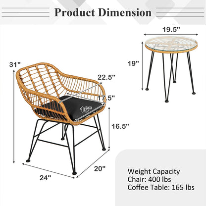 3 Pieces Rattan Furniture Set with Cushioned Chair Table- DirectDeals- {{Product type}}