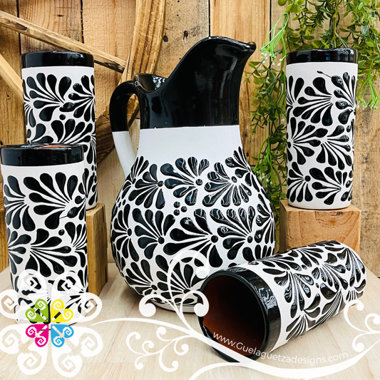 Engobe with Black Espiga Pato Pitcher Set - 4 Cups - - Authentic Mexican Clay