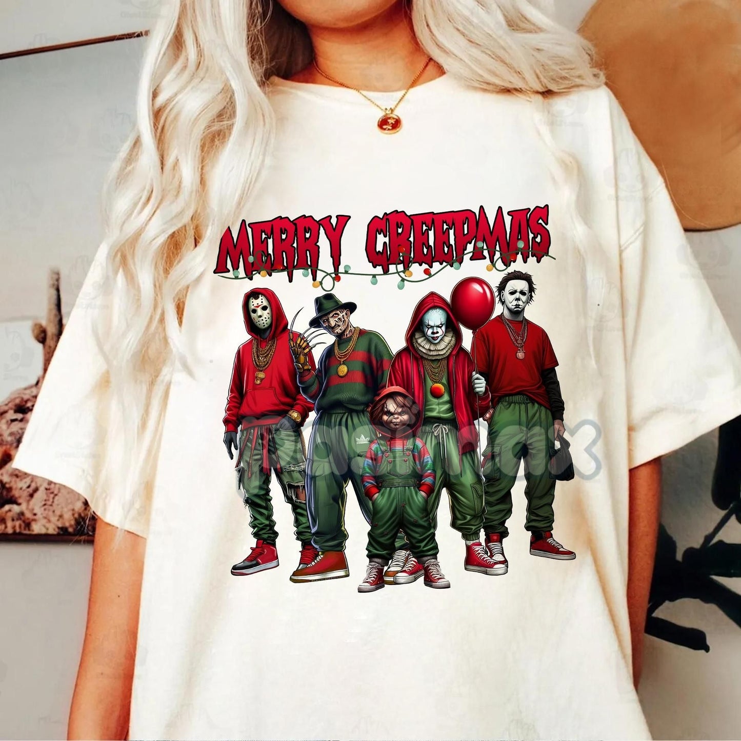 Merry Creepmas T-Shirt - Christmas Halloween Movies Characters Tee, Chibi Movie Characters Shirt - Natural 1 - T-Shirt