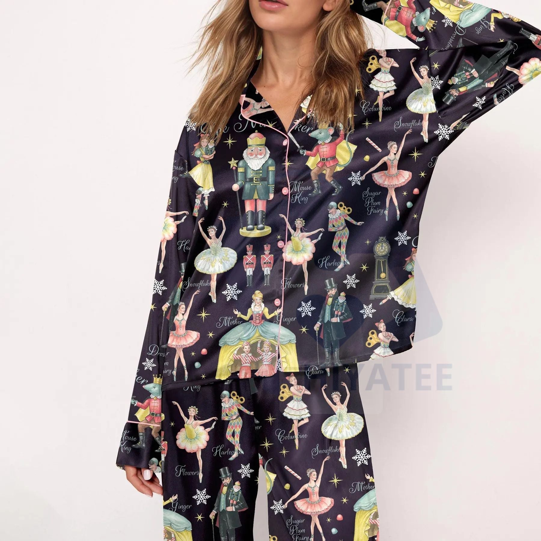 Nutcracker Ballet Christmas Satin Pajama Set For Women Print Comfy Satin Sleepwear & Loungewear Pjs Printing Silky Top & Bottoms - -