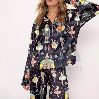 Nutcracker Ballet Christmas Satin Pajama Set For Women Print Comfy Satin Sleepwear & Loungewear Pjs Printing Silky Top & Bottoms - -