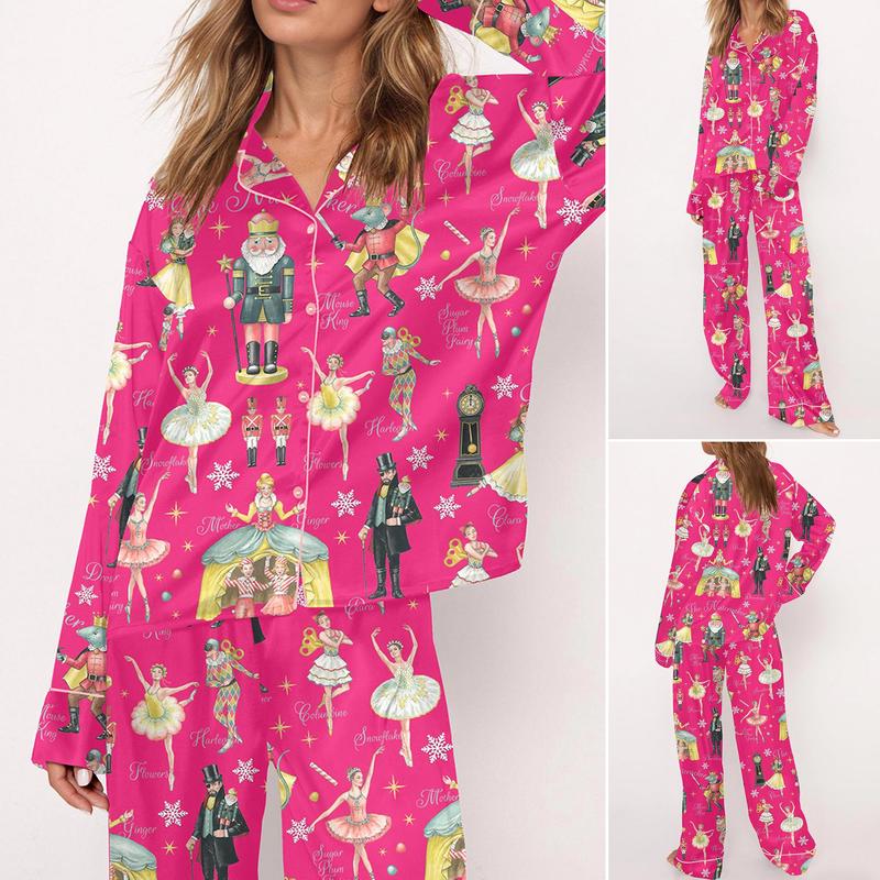 Nutcracker Ballet Christmas Satin Pajama Set For Women Print Comfy Satin Sleepwear & Loungewear Pjs Printing Silky Top & Bottoms - Long Misty Rose -