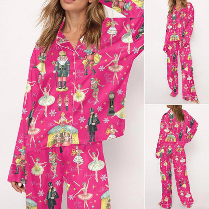 Nutcracker Ballet Christmas Satin Pajama Set For Women Print Comfy Satin Sleepwear & Loungewear Pjs Printing Silky Top & Bottoms - Long Misty Rose -