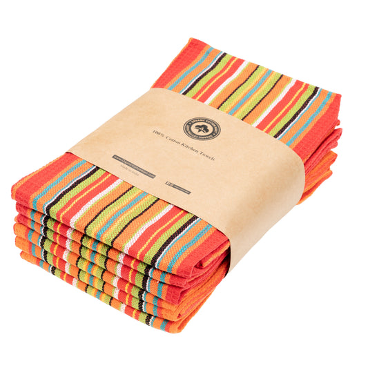 Salsa Stripe Kitchen Towels - Red & Orange -