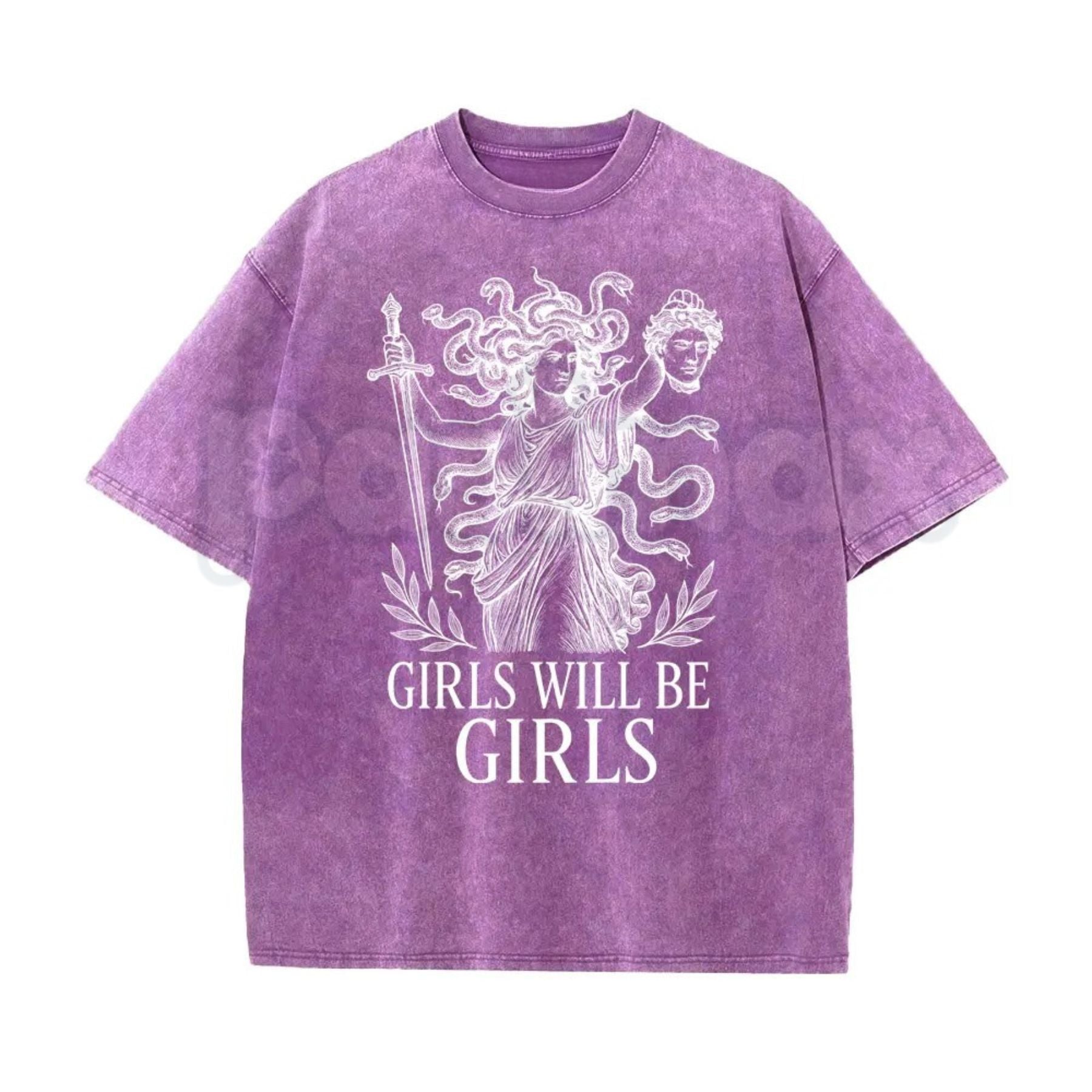 Girls Will Be Girls Medusa T-Shirt – Oversize Unisex Washed Graphic Tee, Lightweight Retro Greek Mythology Streetwear- Pasimax- {{Product type}}