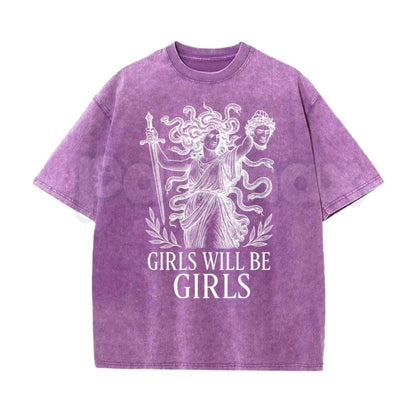 Girls Will Be Girls Medusa T-Shirt – Oversize Unisex Washed Graphic Tee, Lightweight Retro Greek Mythology Streetwear- Pasimax- {{Product type}}