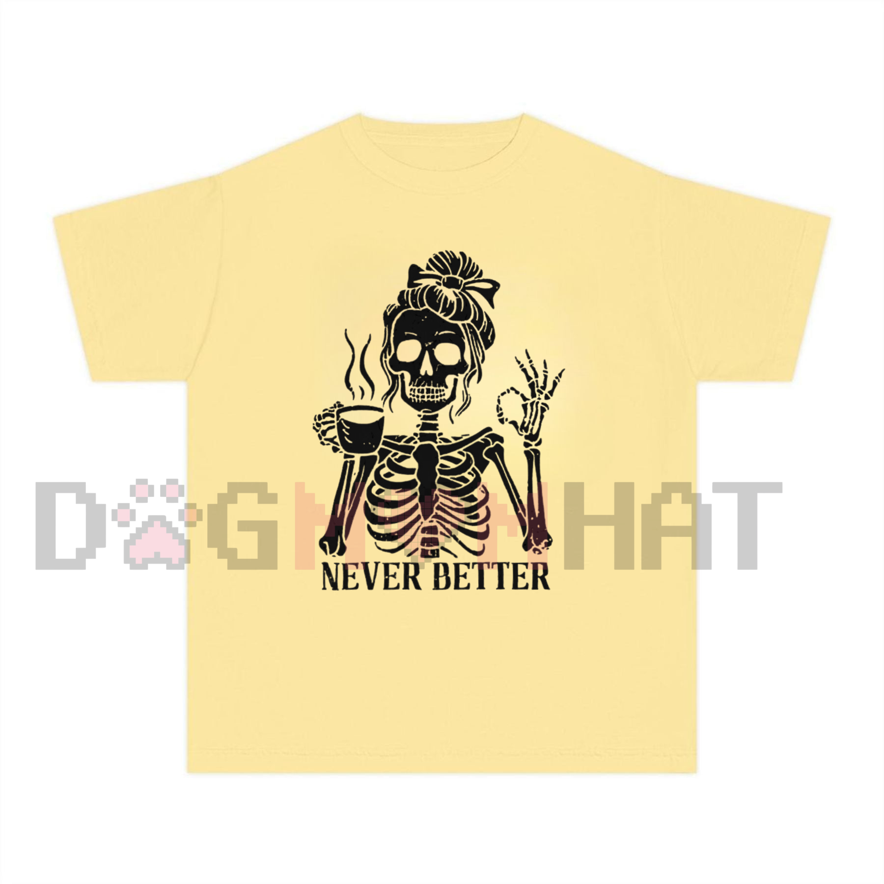 'Never Better' Skeleton Shirt – Halloween Humor Coffee Lover T-shirt, Spooky Fall Essential, Goth Aesthetic Tee - - T-shirt