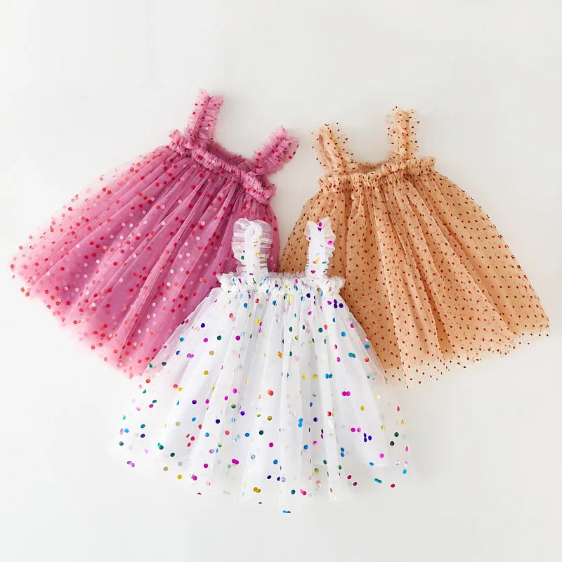 Girls Polka Dot Sequins Mesh Dress Puffy Skirt