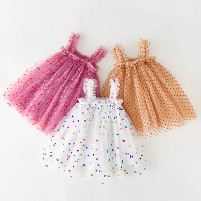 Girls Polka Dot Sequins Mesh Dress Puffy Skirt