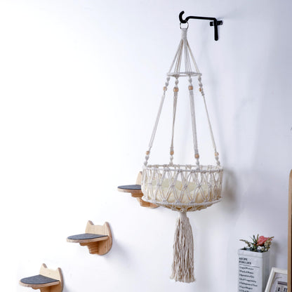 SHENGOCASE Macrame Cat Hammock with 3 Steps and Wall Hook Wall Mounted Hanging Cat Bed - Macrame Hammock 14” - cat bed