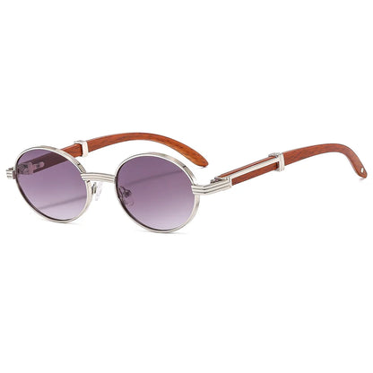 Retro Vintage Faux Wood Small Round Metal Sunglasses