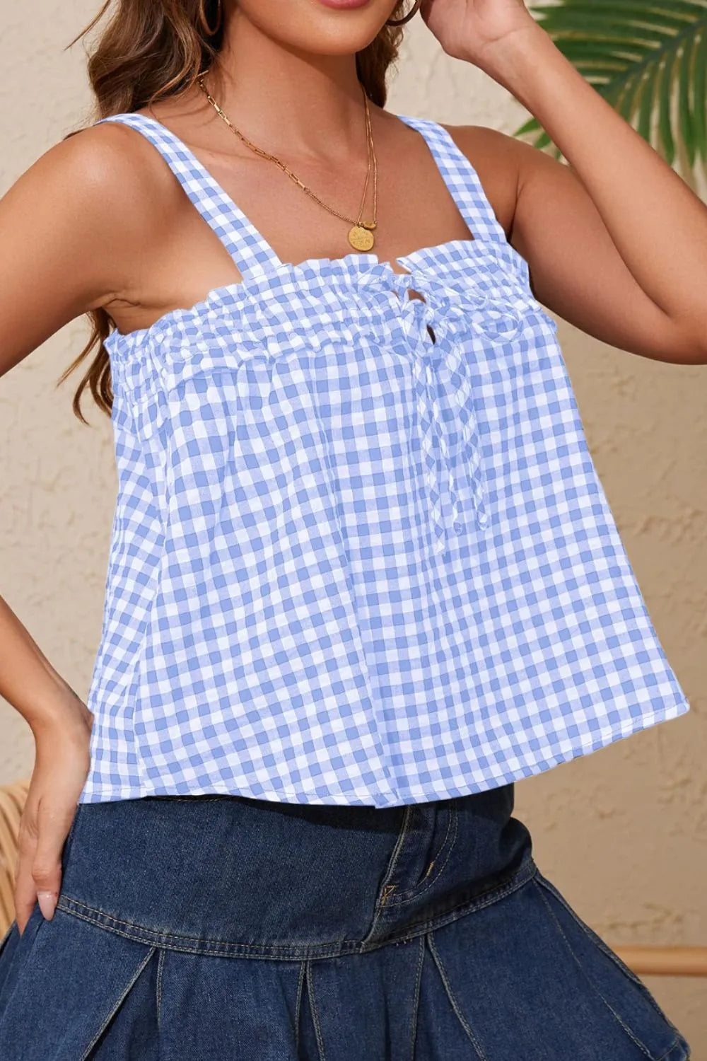 Tied Front Textured Square Neck Cami - - Top