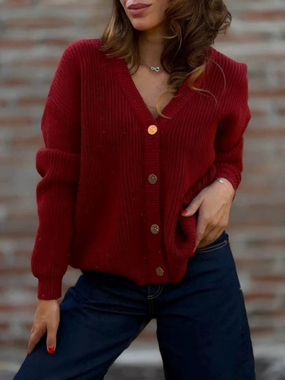 Full Size V-Neck Button-Up Knit Cardigan Plus Size - Deep Red -