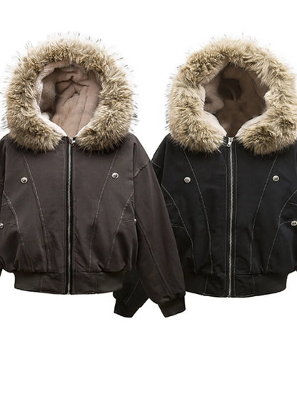 Men's Faux Fur Hooded Zip Up Jacket - -