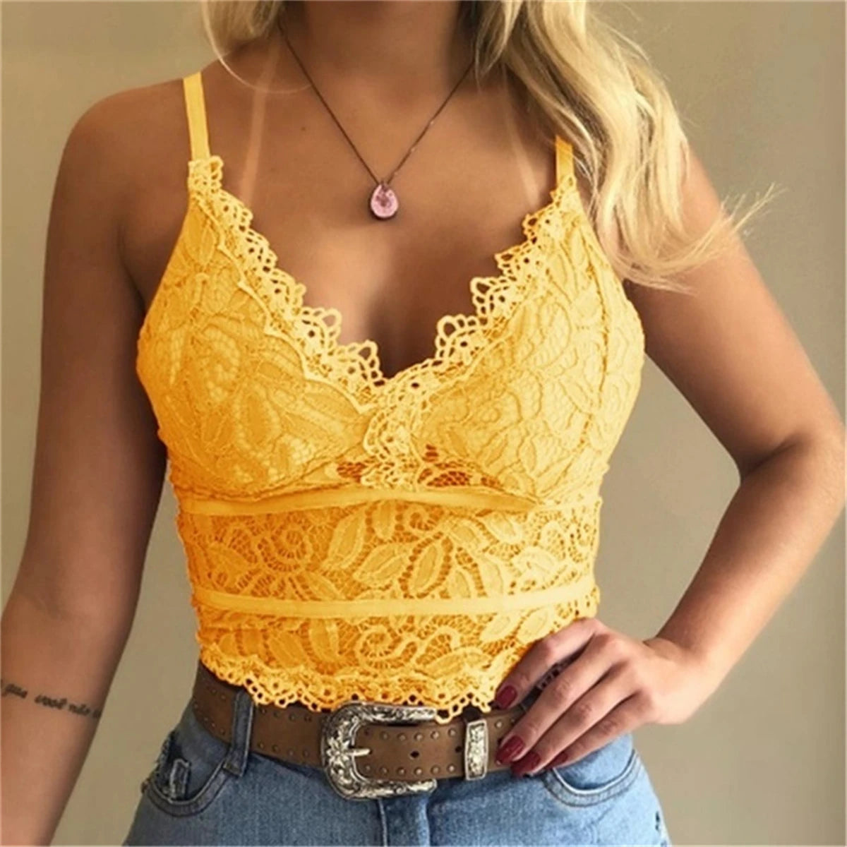 Women's Lace Floral Cami Top Plunge Crop Top Adjustible Straps