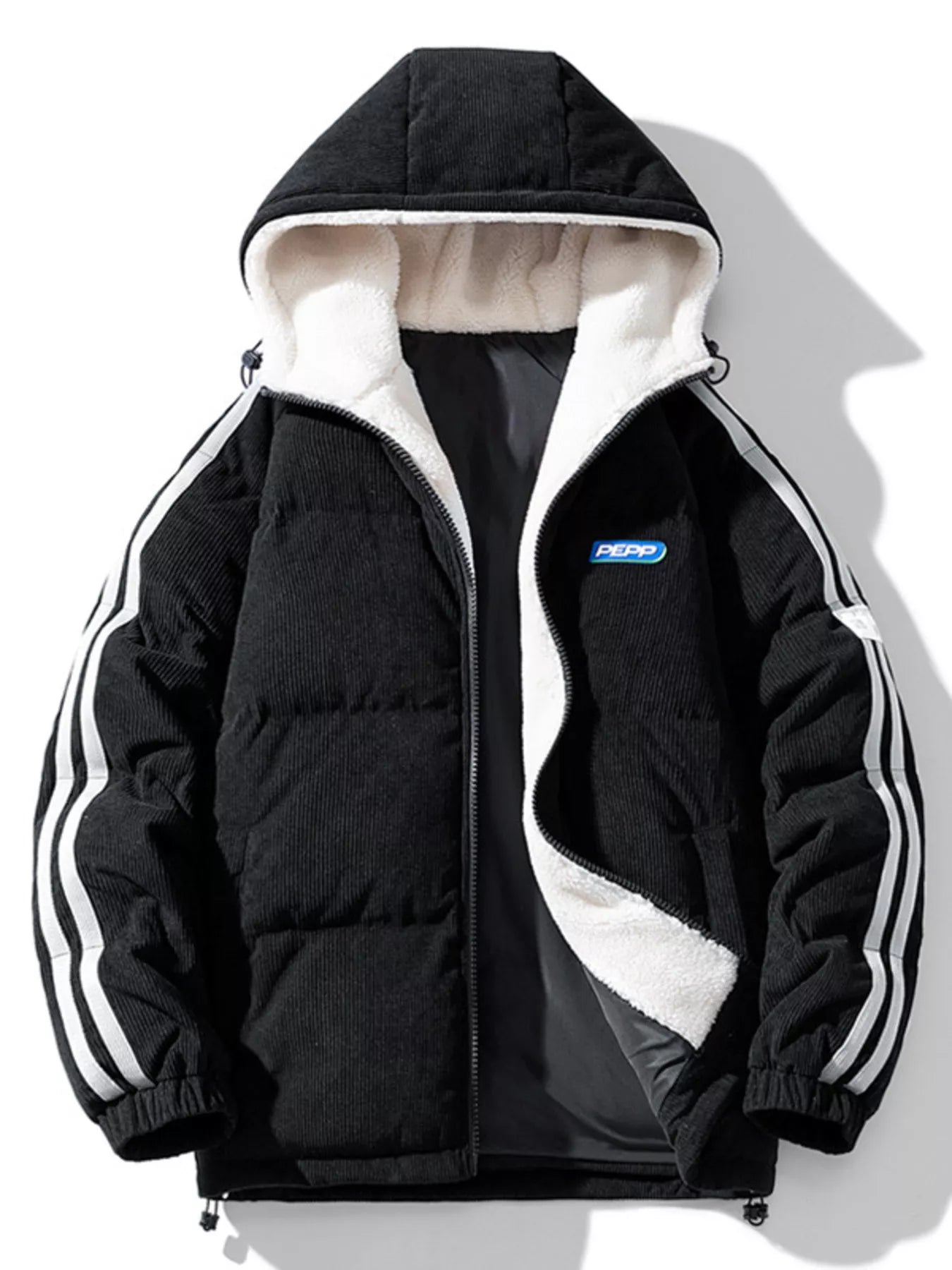 Men's Plus Size Hooded Zip Up Padded Jacket - Black -