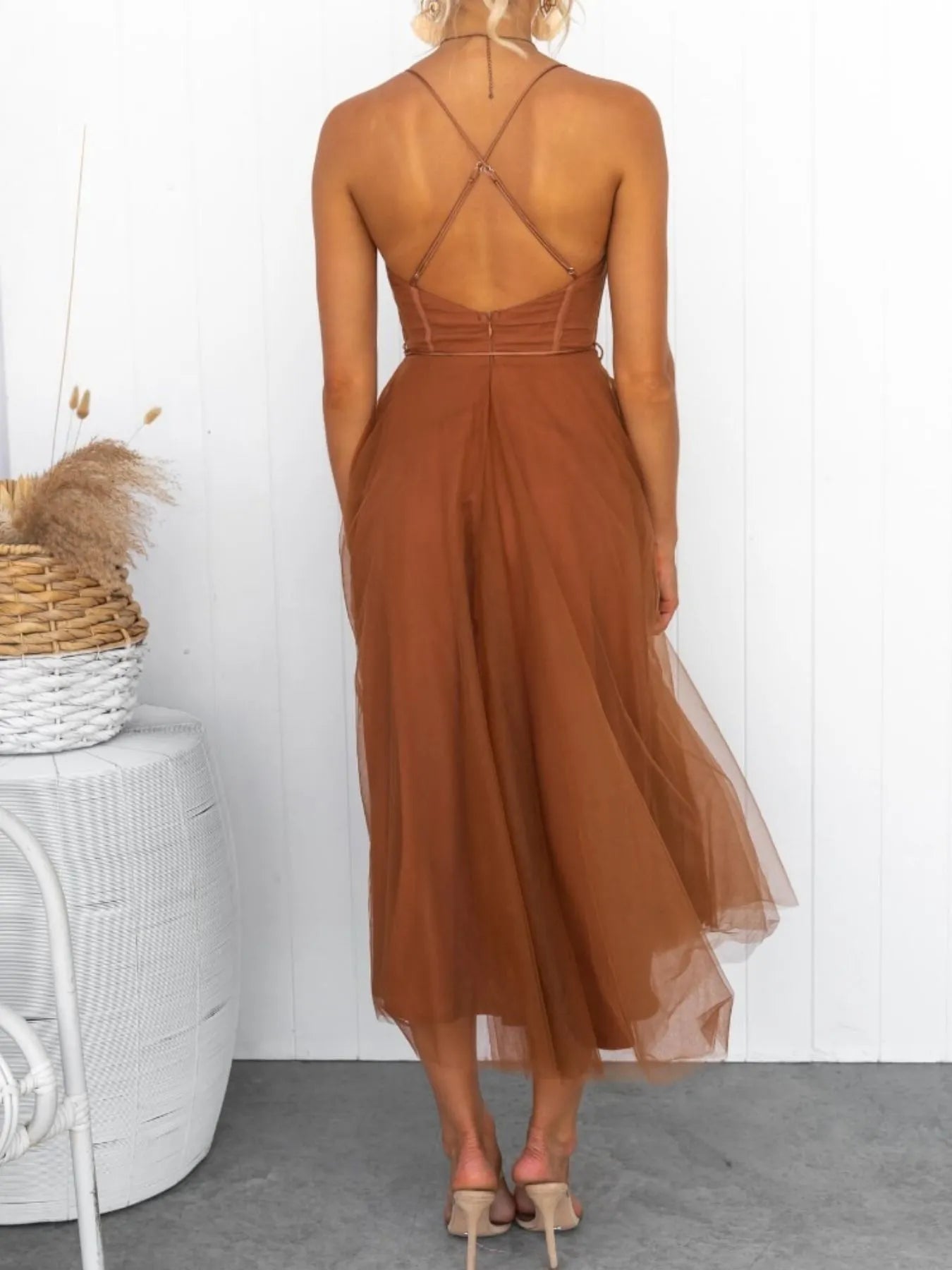 Sweetheart Neck Tulle Midi Dress - -
