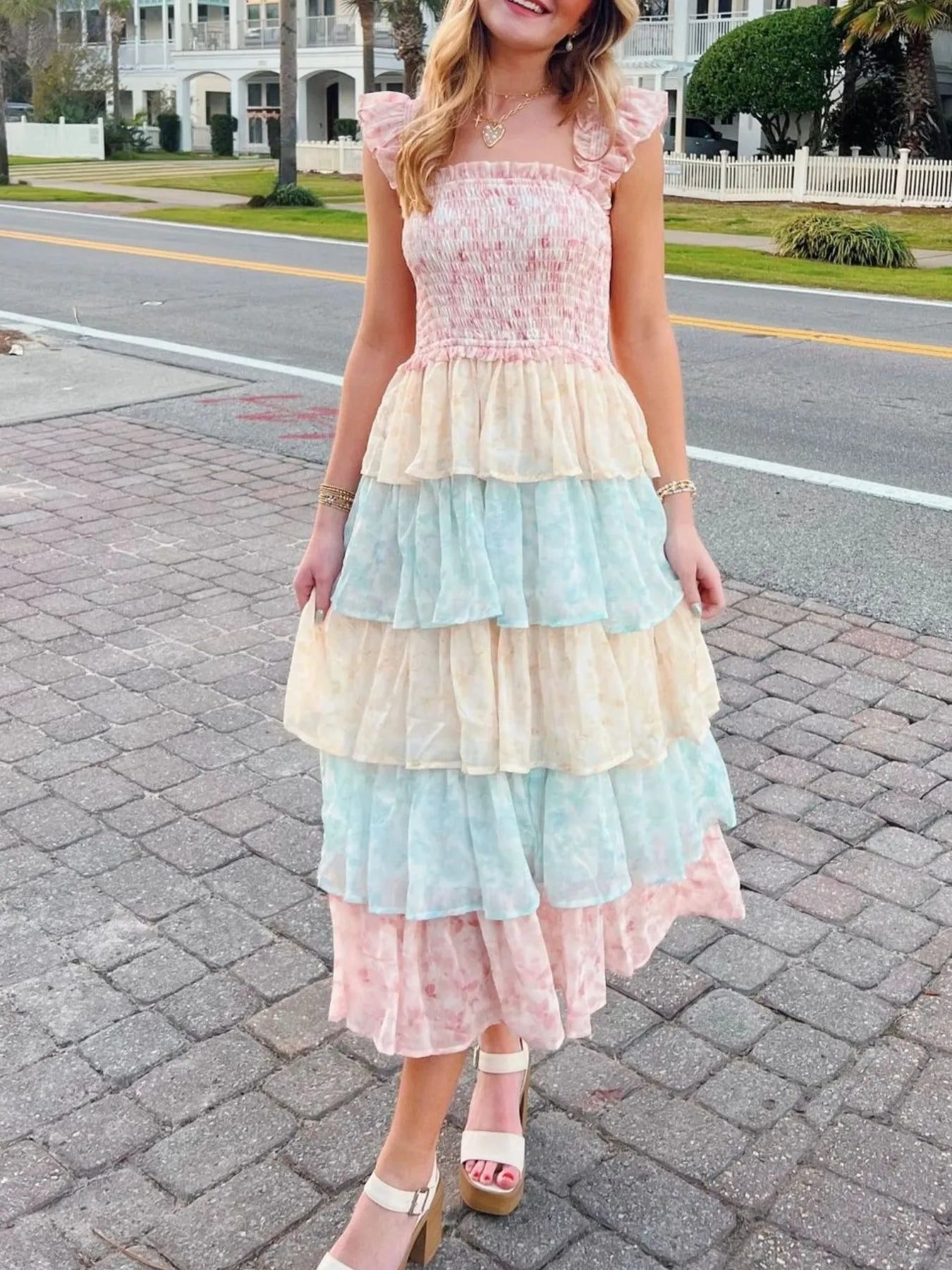 Smocked Ruffle Layered Floral Midi Dress - -