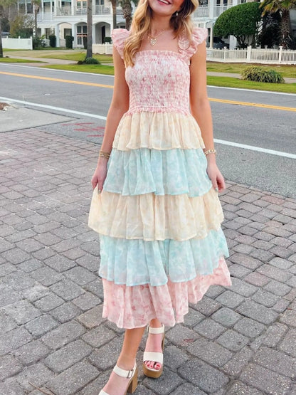 Smocked Ruffle Layered Floral Midi Dress - -