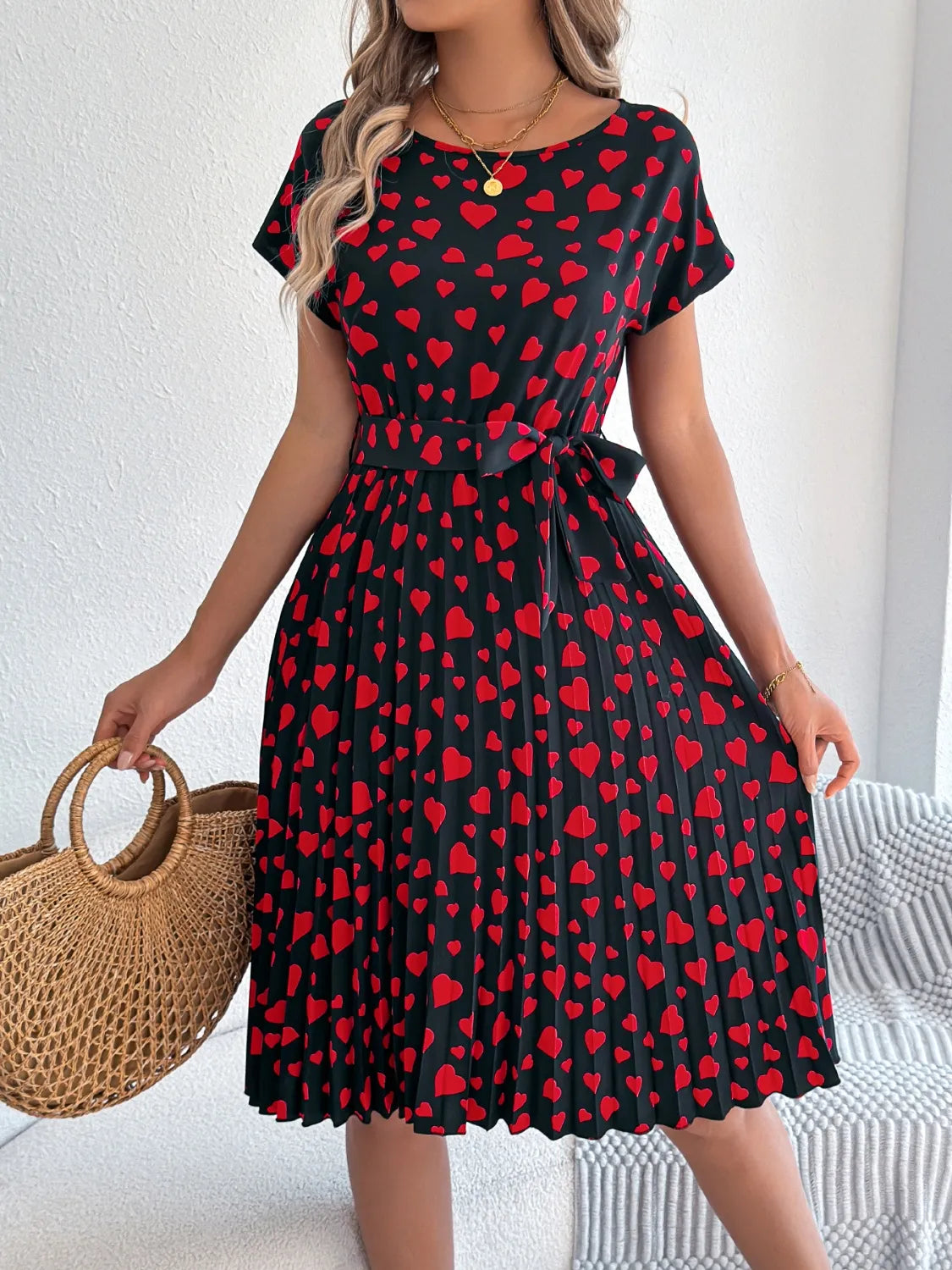 Heart Print Short Sleeve Tie Waist Dress - -