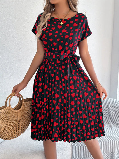 Heart Print Short Sleeve Tie Waist Dress - -