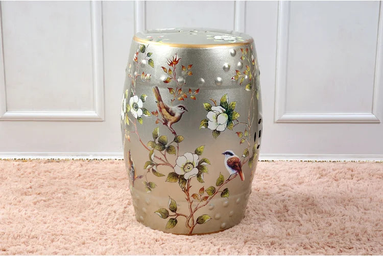 Decorative Drum Ceramic Stools Hand Painted Chinese Flower and Bird Pattern Art