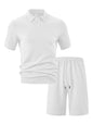 Men's Full Size Textured Polo Shirt and Shorts Set Plus Size - White -