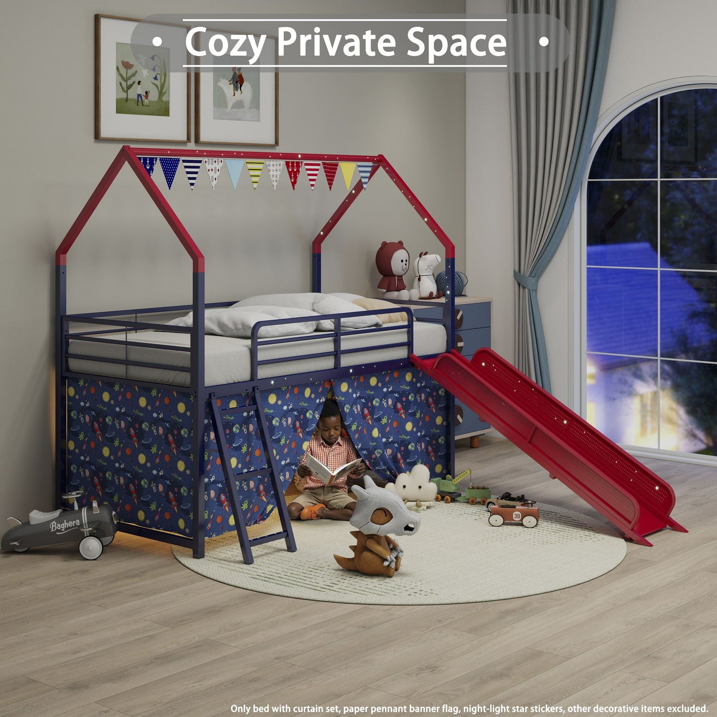 Jack - House Loft Bed With Slide And Curtain Set- HouseOfZazla- {{Product type}}