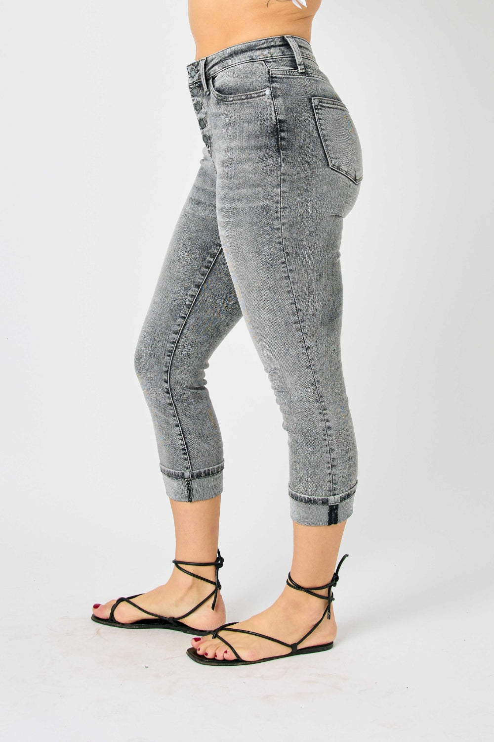 Judy Blue Sasha High Waist Cuffed Button Fly Gray Denim Capri Jeans - - jeans