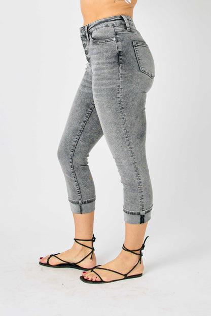 Judy Blue Sasha High Waist Cuffed Button Fly Gray Denim Capri Jeans - - jeans