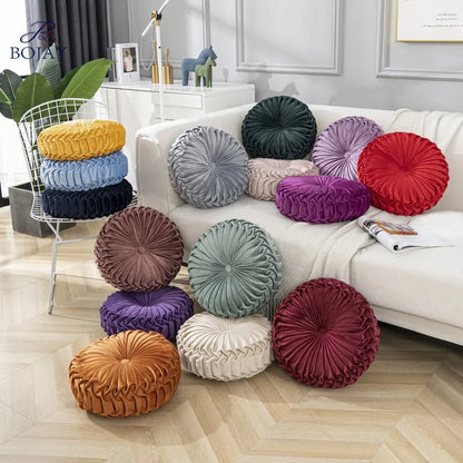 Velvet Round Cushion Plush Pleated Throw Pillow