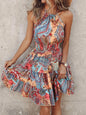 Paisley Print Halter Neck Mini Dress - Orange And Blue -