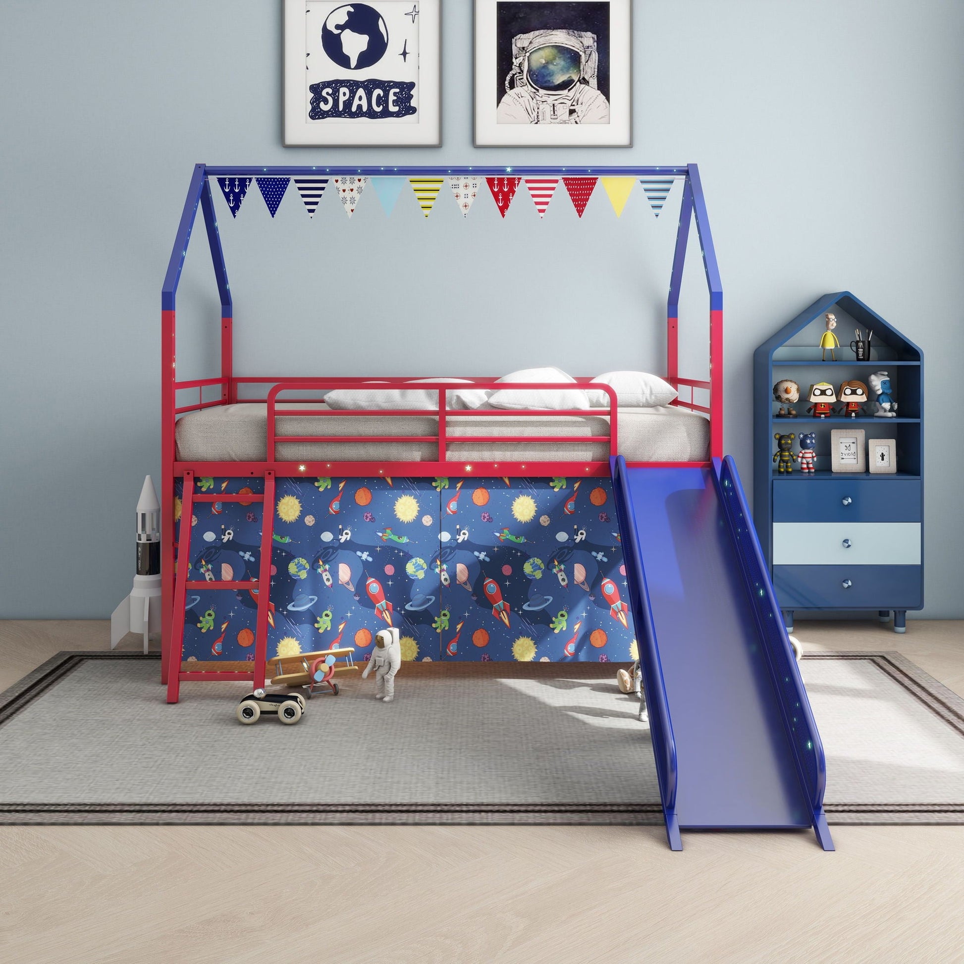 Jack - House Loft Bed With Slide And Curtain Set- HouseOfZazla- {{Product type}}